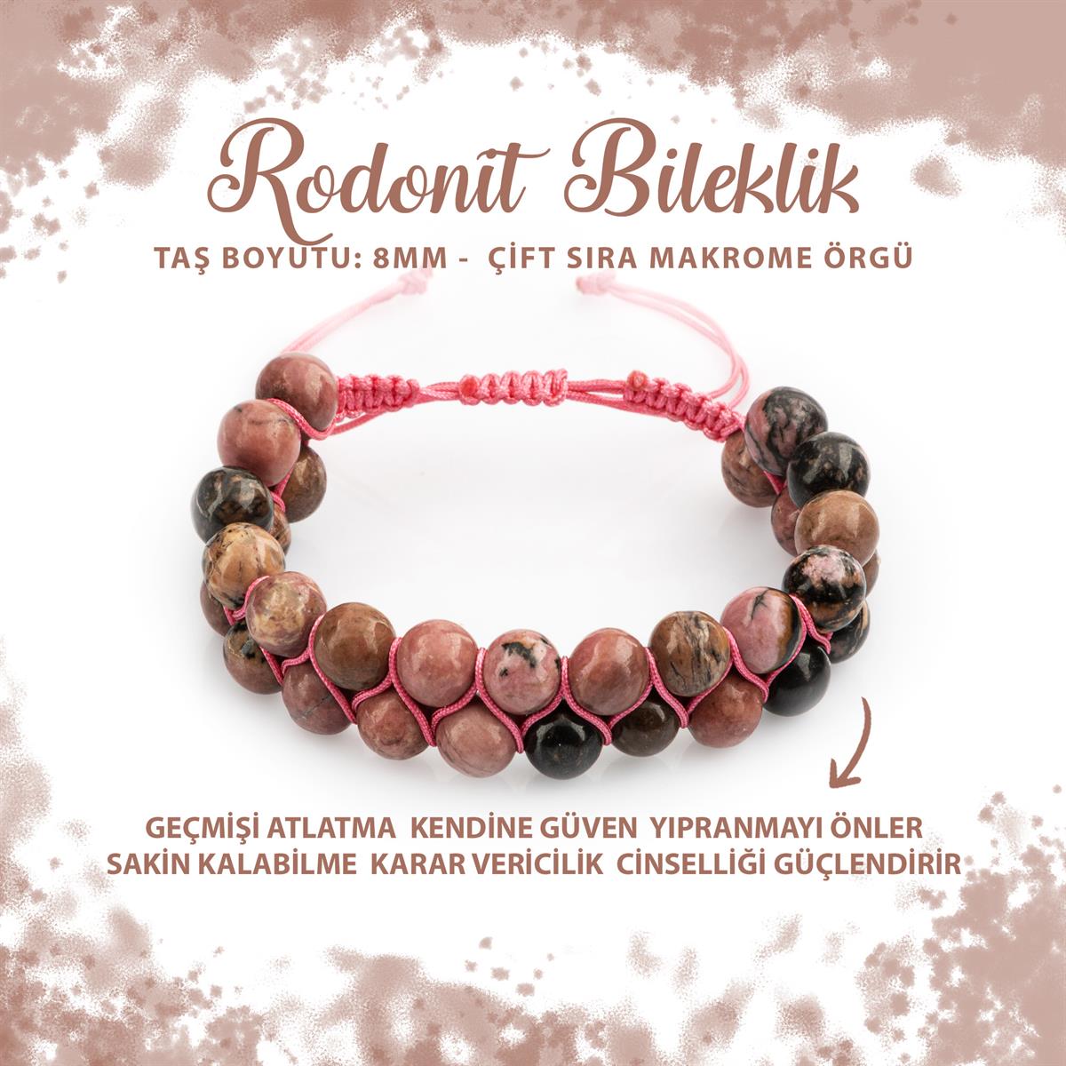 SERTİFİKALI Rodonit 8mm Çift Sıra Makrome Doğal Taş Bileklik