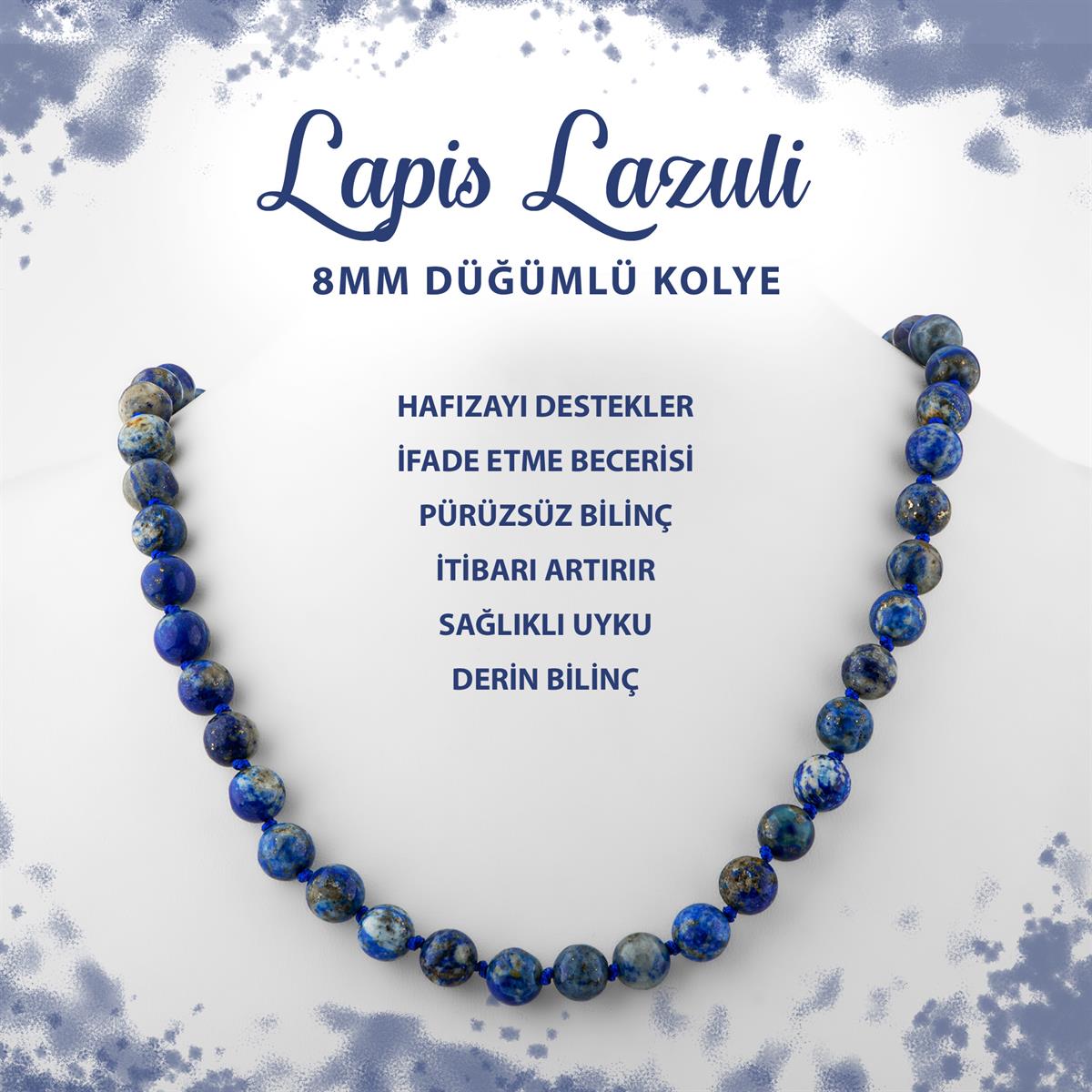 SERTİFİKALI Lapis Lazuli 8 mm Düğümlü Doğal Taş Kolye