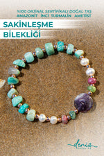 Sertifikalı Doğal Taşlı Sakinleşme Bilekliği, Amazonit, İnci, Ametist, Turmalin, Hematit