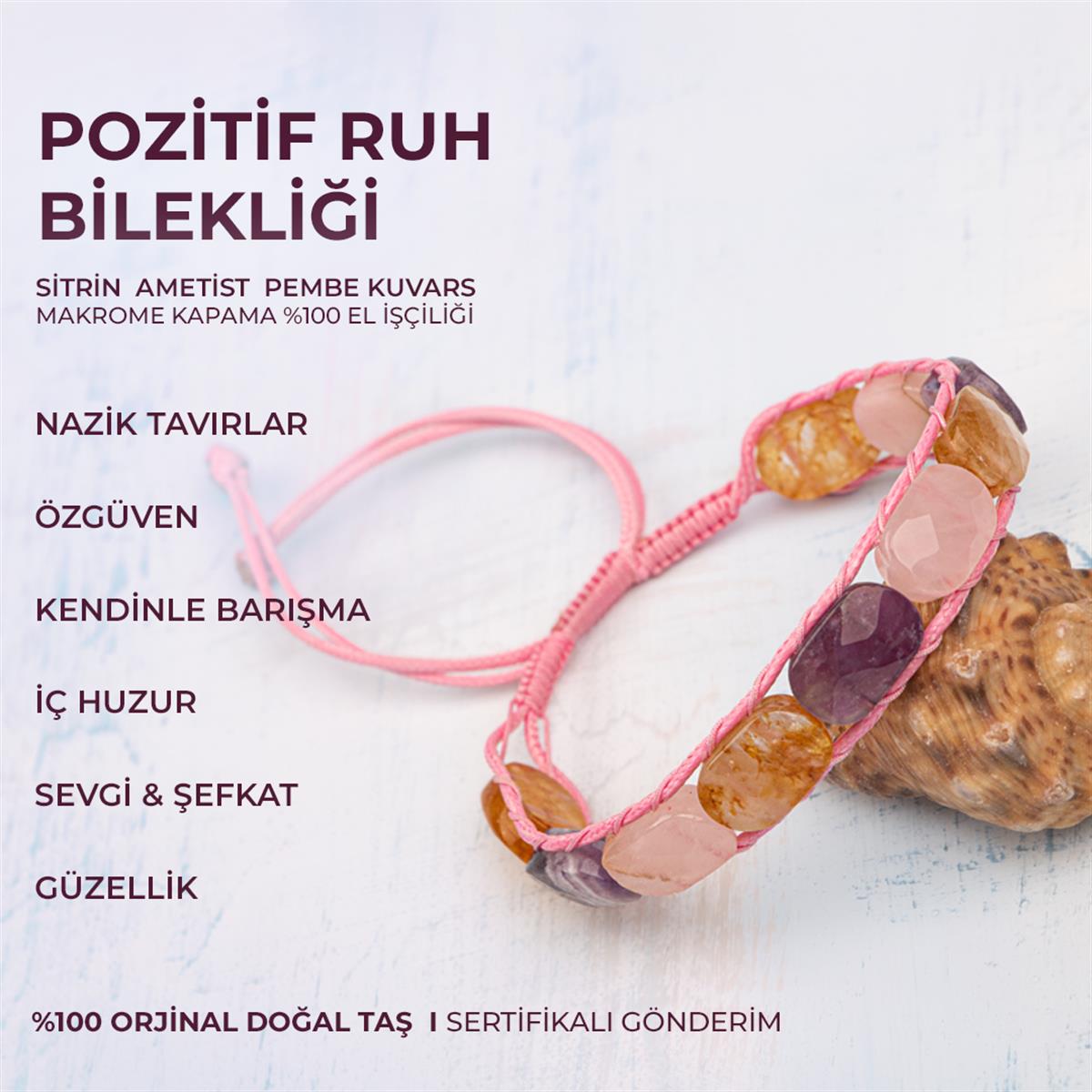 SERTİFİKALI Pozitif Ruh Bilekliği Ametist Pembe Kuvars Sitrin Doğal Taşlı %100 El İşçiliği