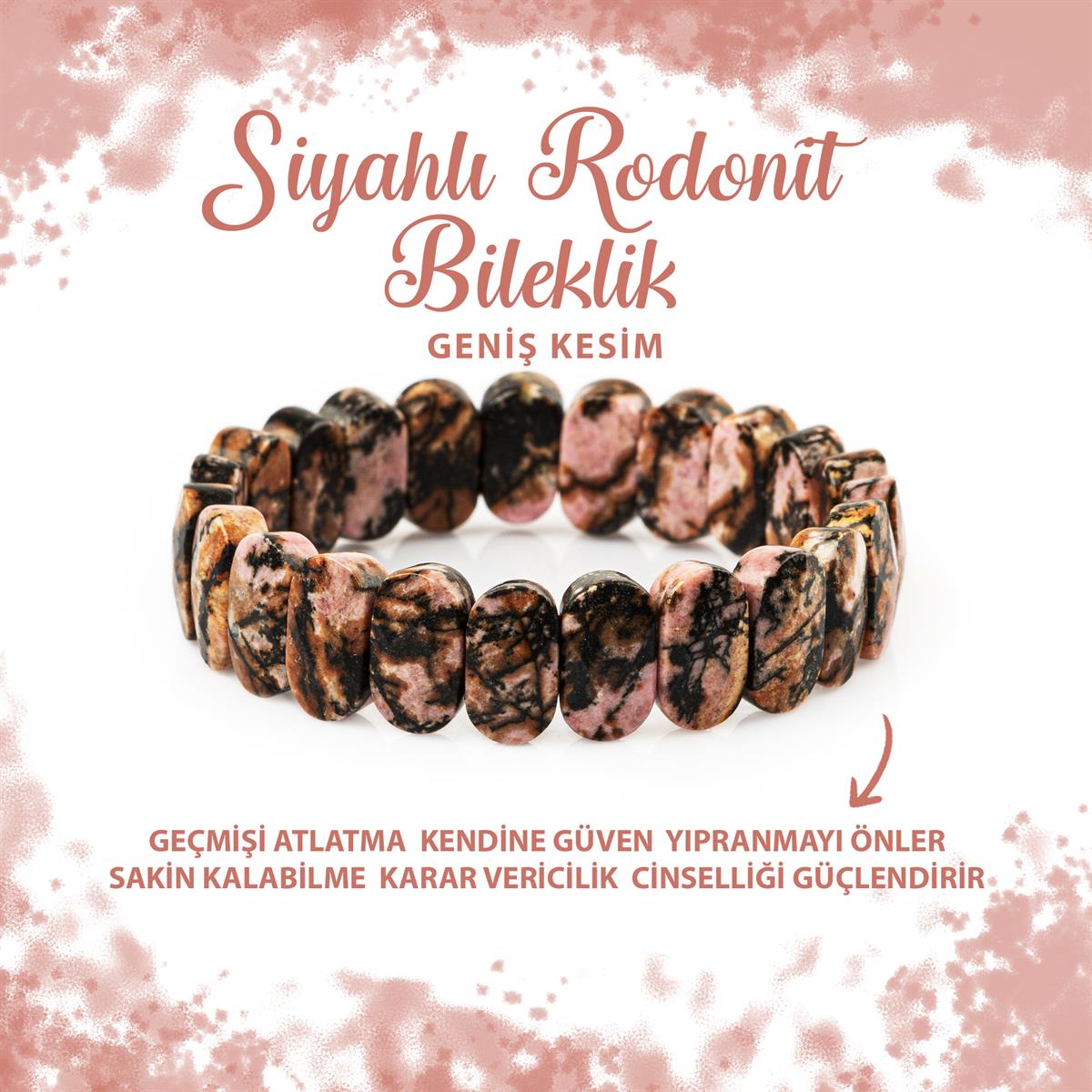SERTİFİKALI Rodonit Doğal Taş Geniş Kesim Bileklik