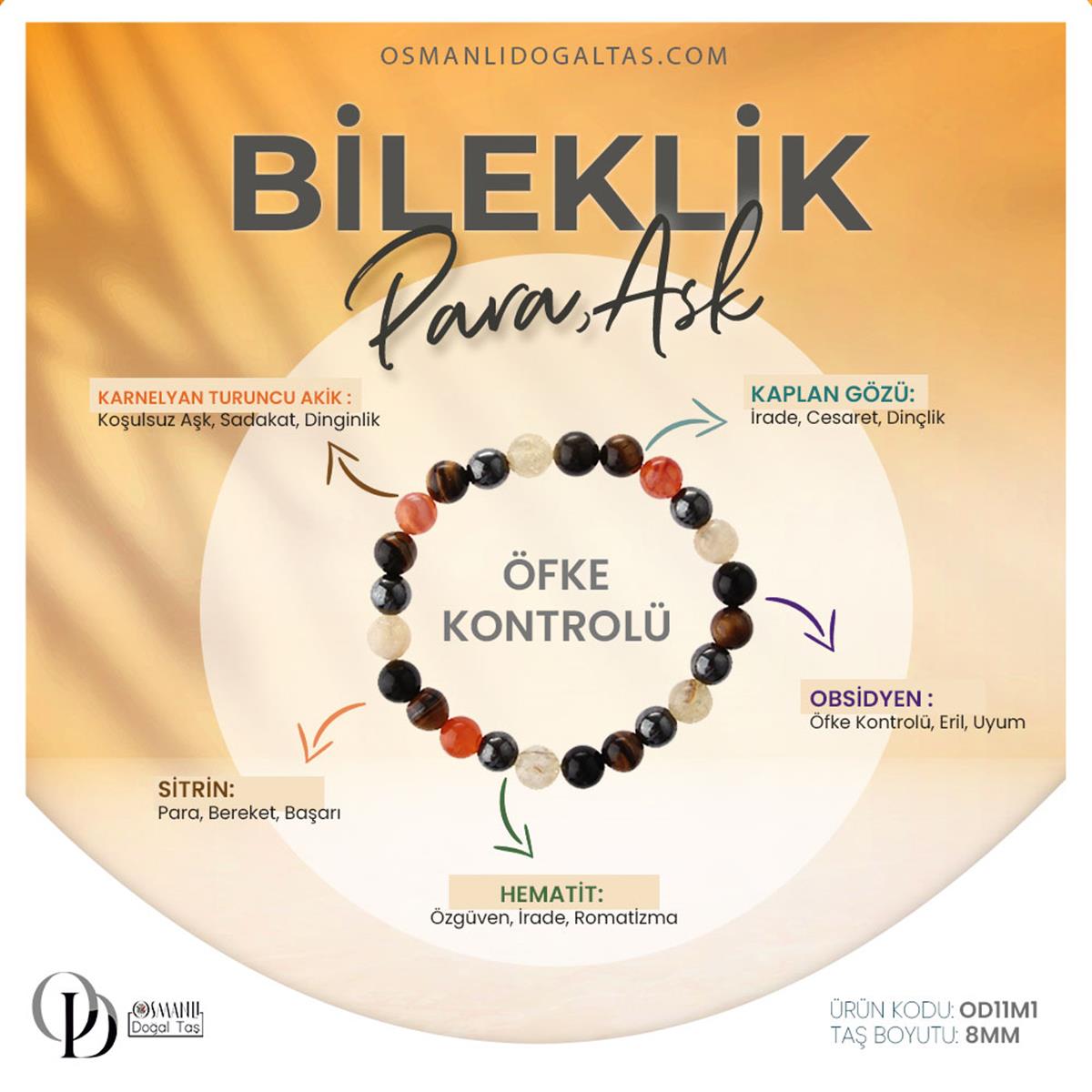 Karnelyan Turuncu Akik, Sitrin, Kaplan Gözü, Obsidyen, Hematit Doğaltaş Bileklik 8 mm, B924