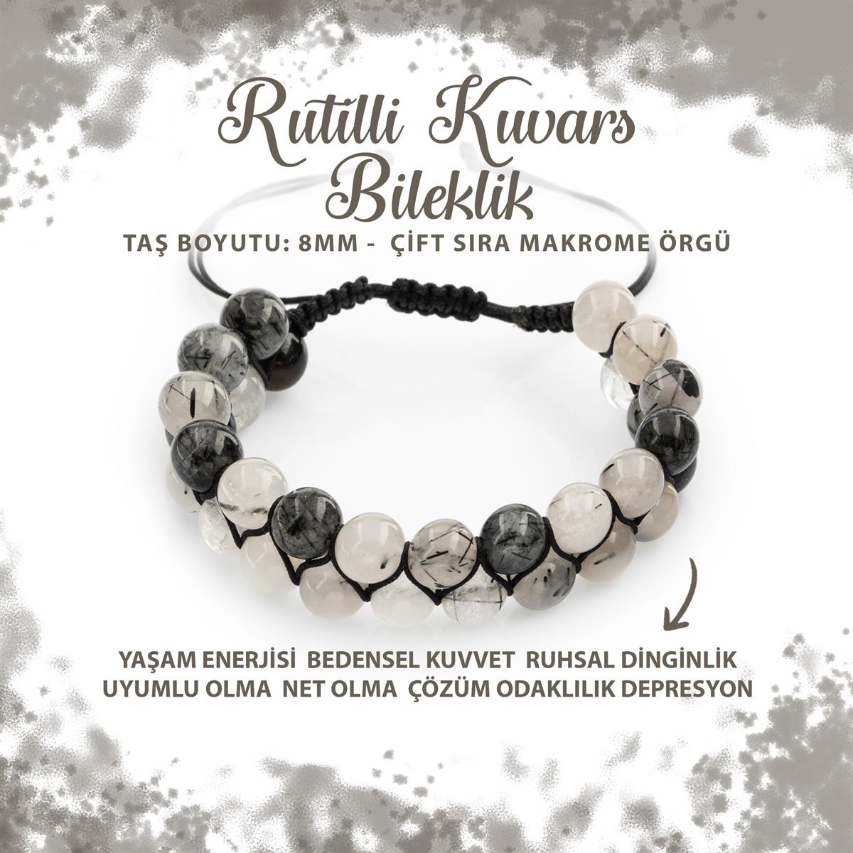 SERTİFİKALI Rutilli Kuvars 8mm Çift Sıra Makrome Doğal Taş Bileklik