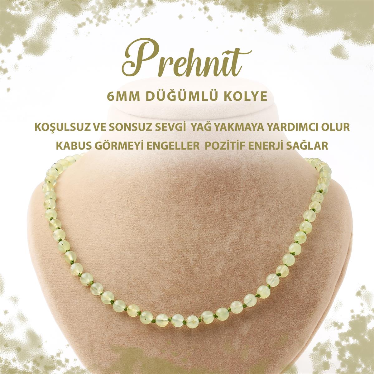SERTİFİKALI Prehnit 6 mm Düğümlü Doğal Taş Kolye