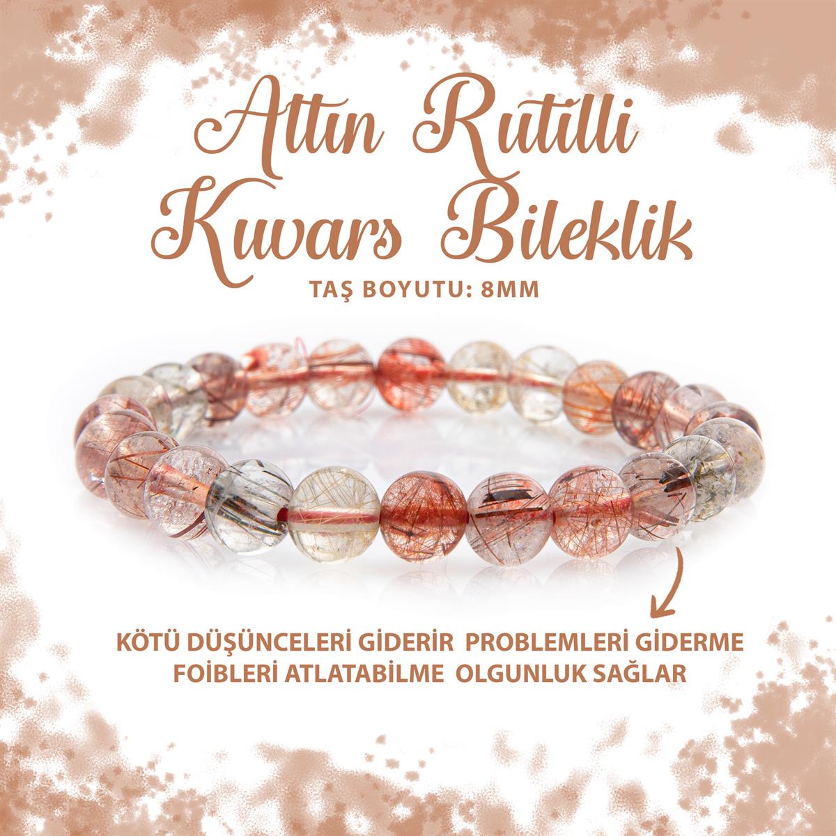 SERTİFİKALI Altın Rutilli Kuvars 8mm Doğal Taş Bileklik