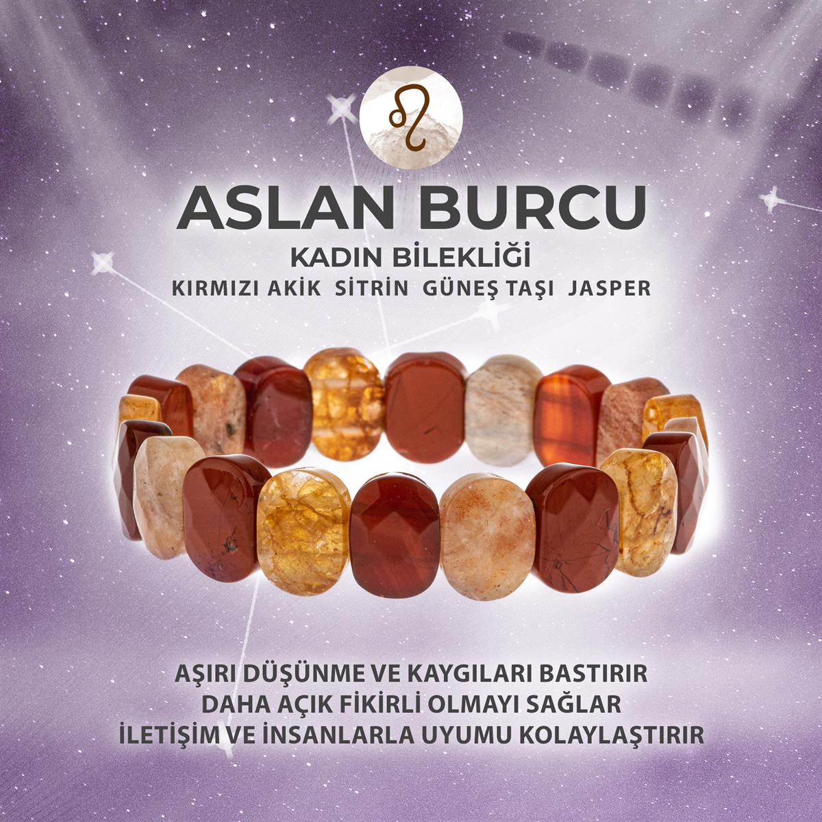 SERTİFİKALI Aslan Burcu Doğal Taş Geniş Kesim Kadın Bileklik