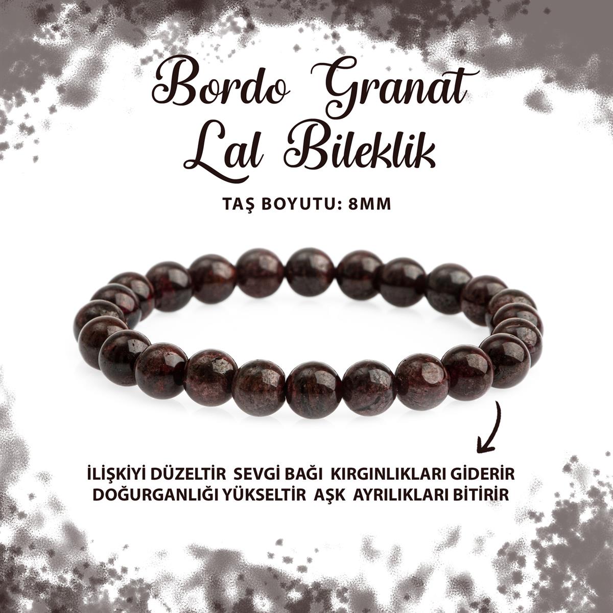 SERTİFİKALI Bordo Granat Lal 8mm Doğal Taş Bileklik