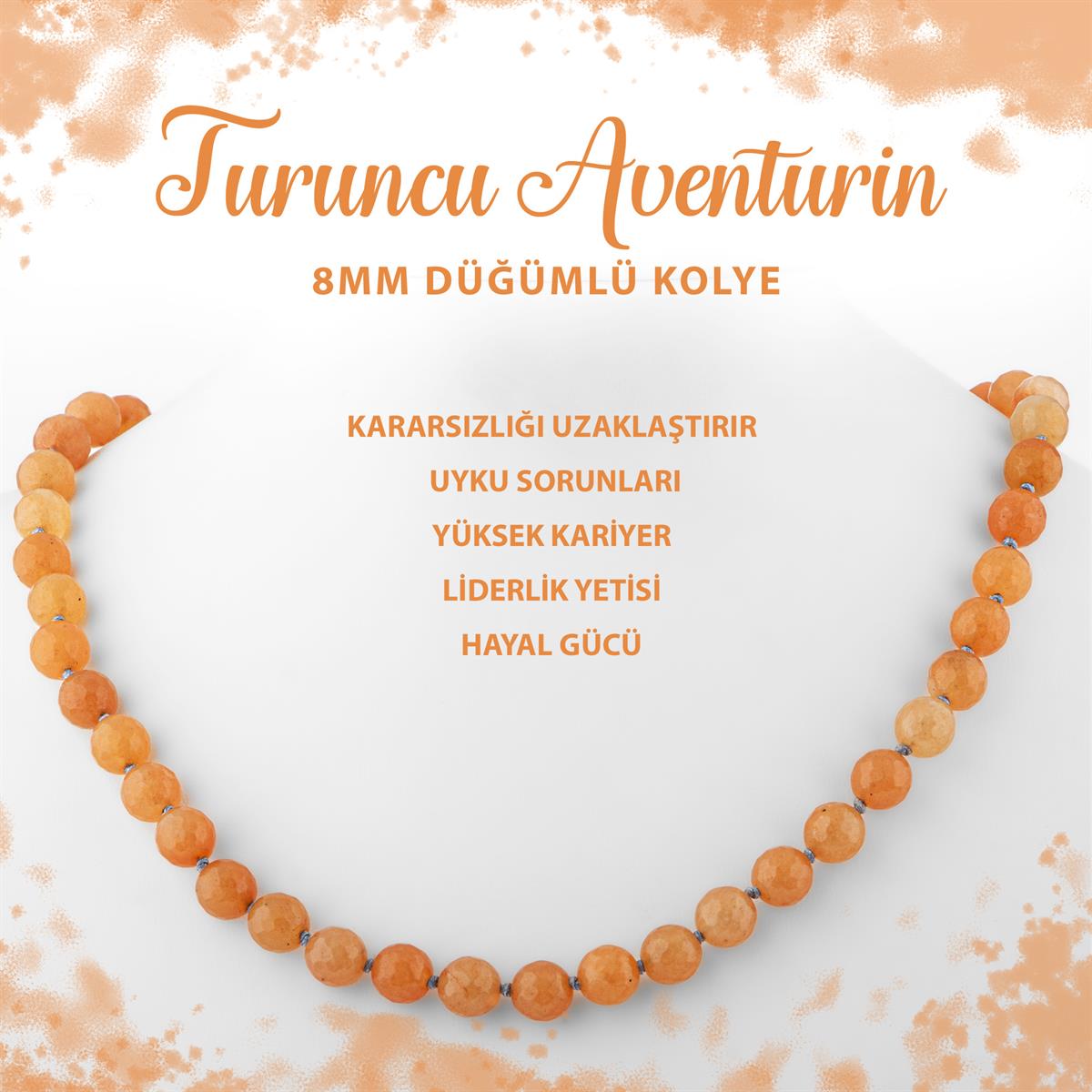 SERTİFİKALI Turuncu Aventurin 8 mm Düğümlü Doğal Taş Kolye