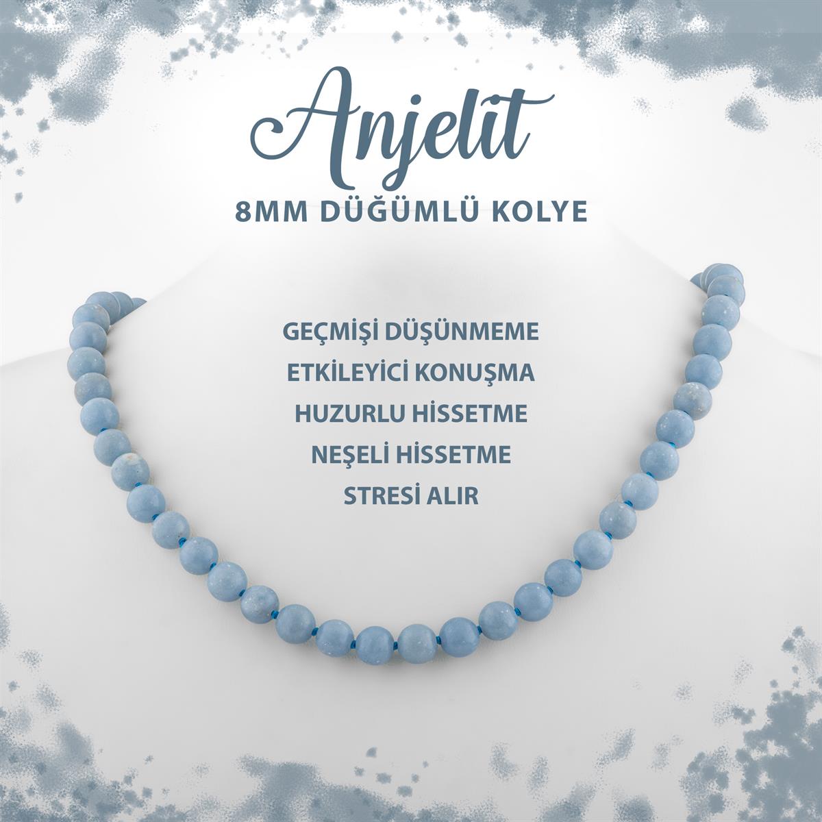 SERTİFİKALI Anjelit 8 mm Düğümlü Doğal Taş Kolye