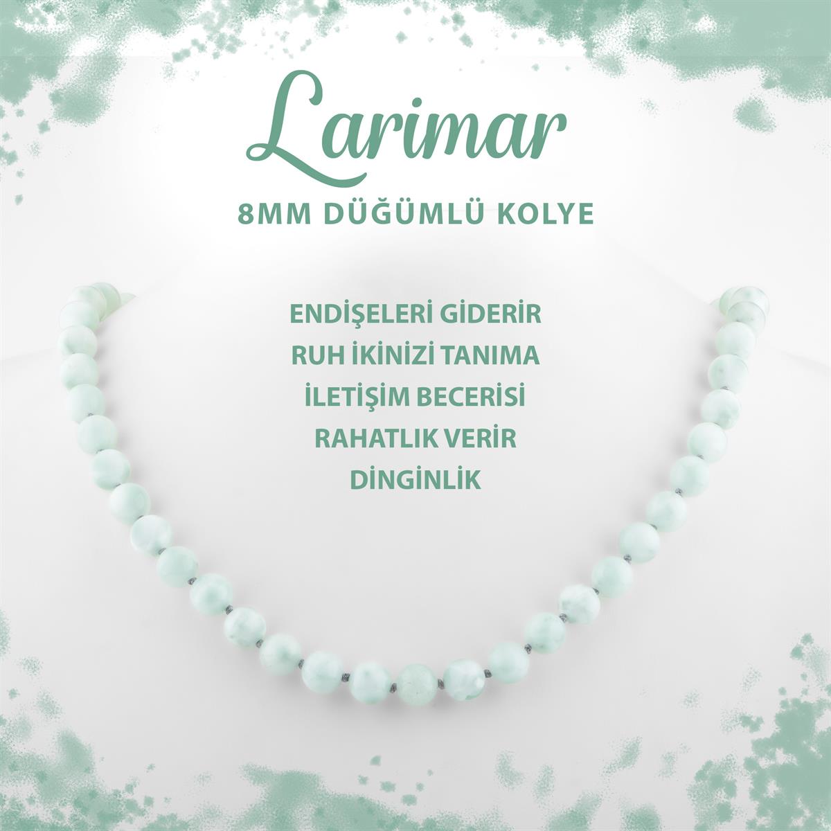 SERTİFİKALI Yeşil Larimar 8 mm Düğümlü Doğal Taş Kolye