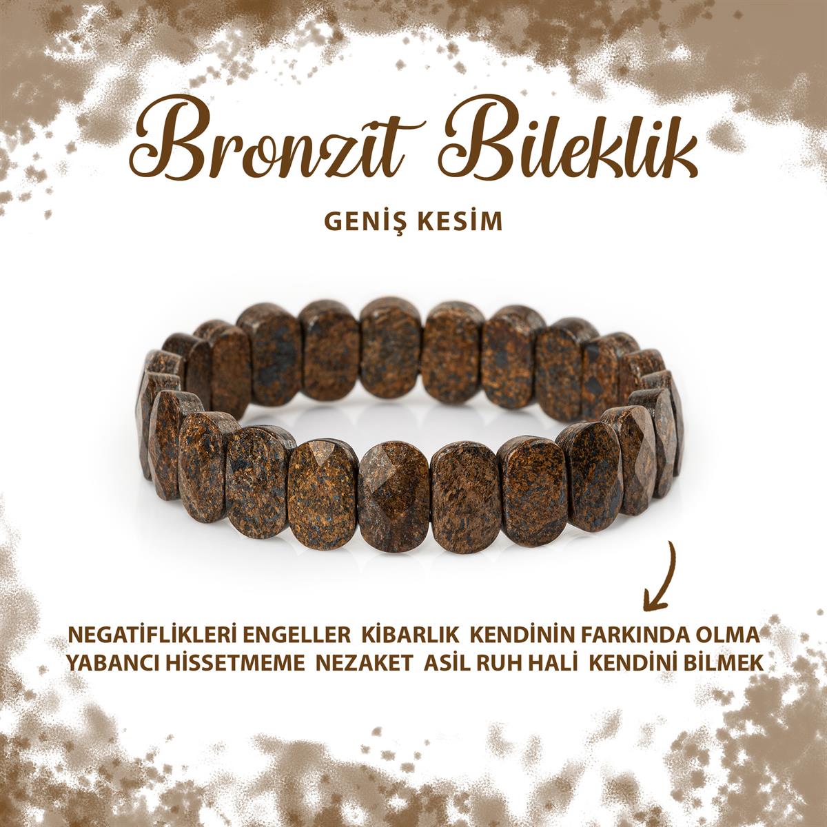 SERTİFİKALI Bronzit Doğal Taş Geniş Kesim Bileklik