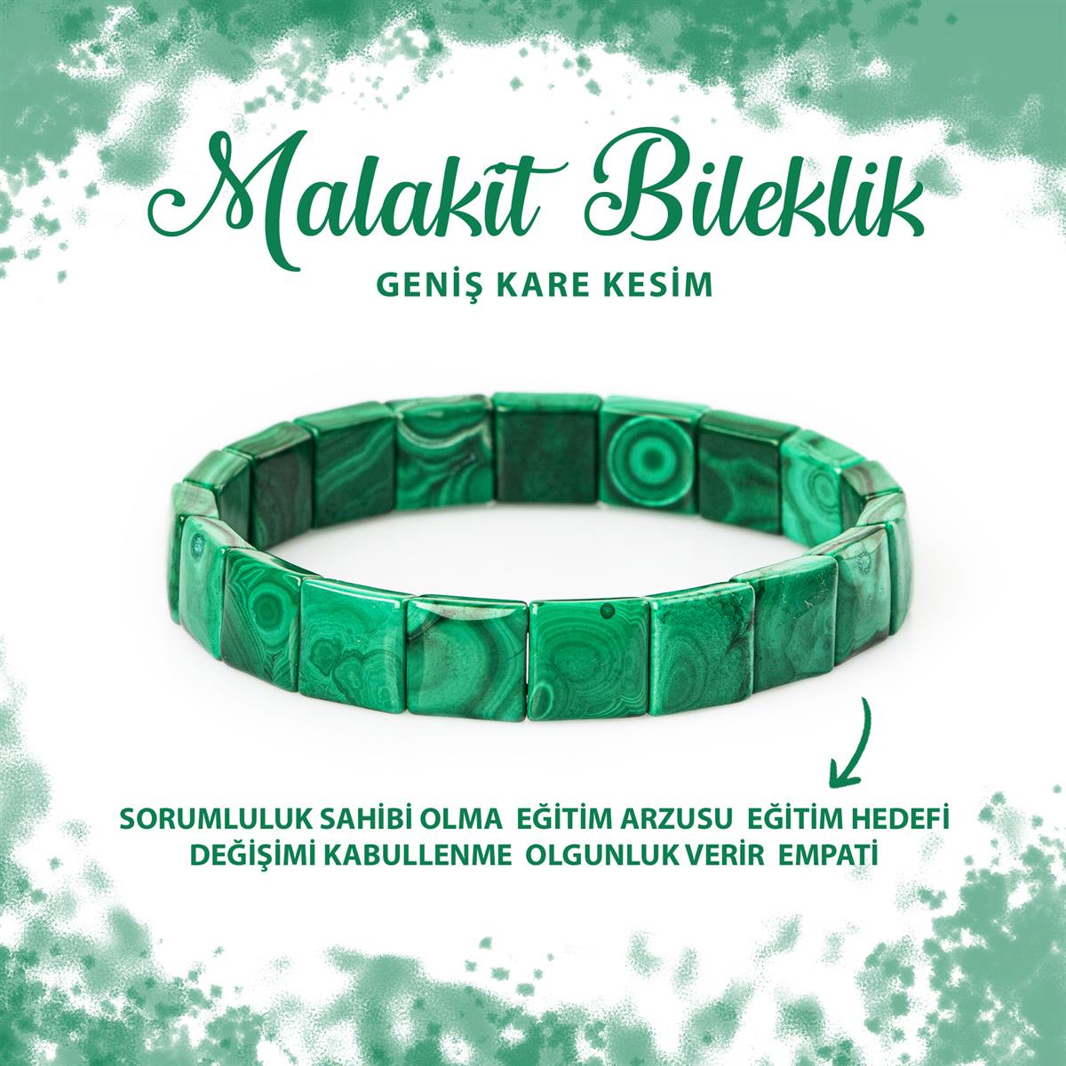 SERTİFİKALI Malakit Doğal Taş Kare Kesim Geniş Kesim Bileklik
