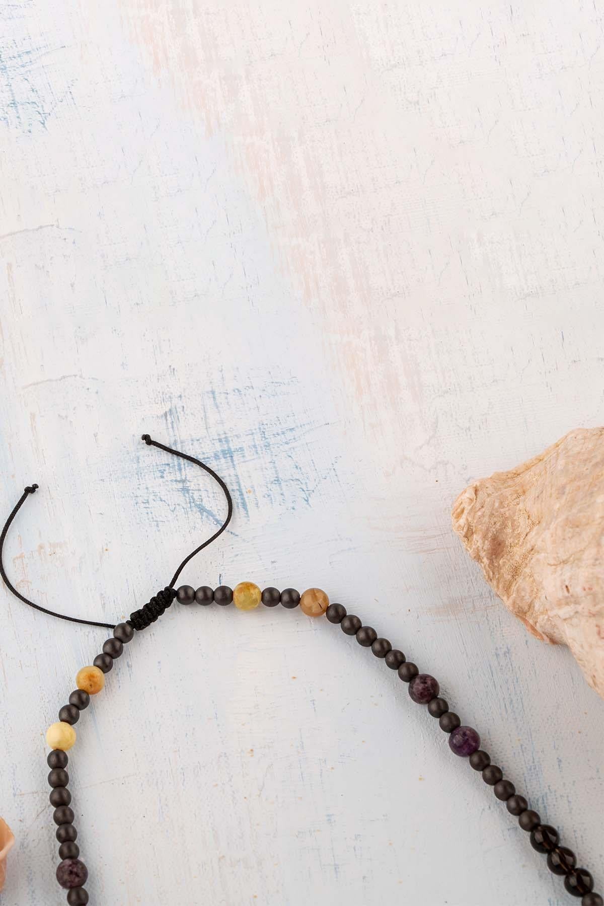 Sertifikalı Yay Burcu Doğal Taş Kolye (Sarı Opal-Ametist-Lazuli-Apatit-Kalsit-Dumorerit-Hematit)