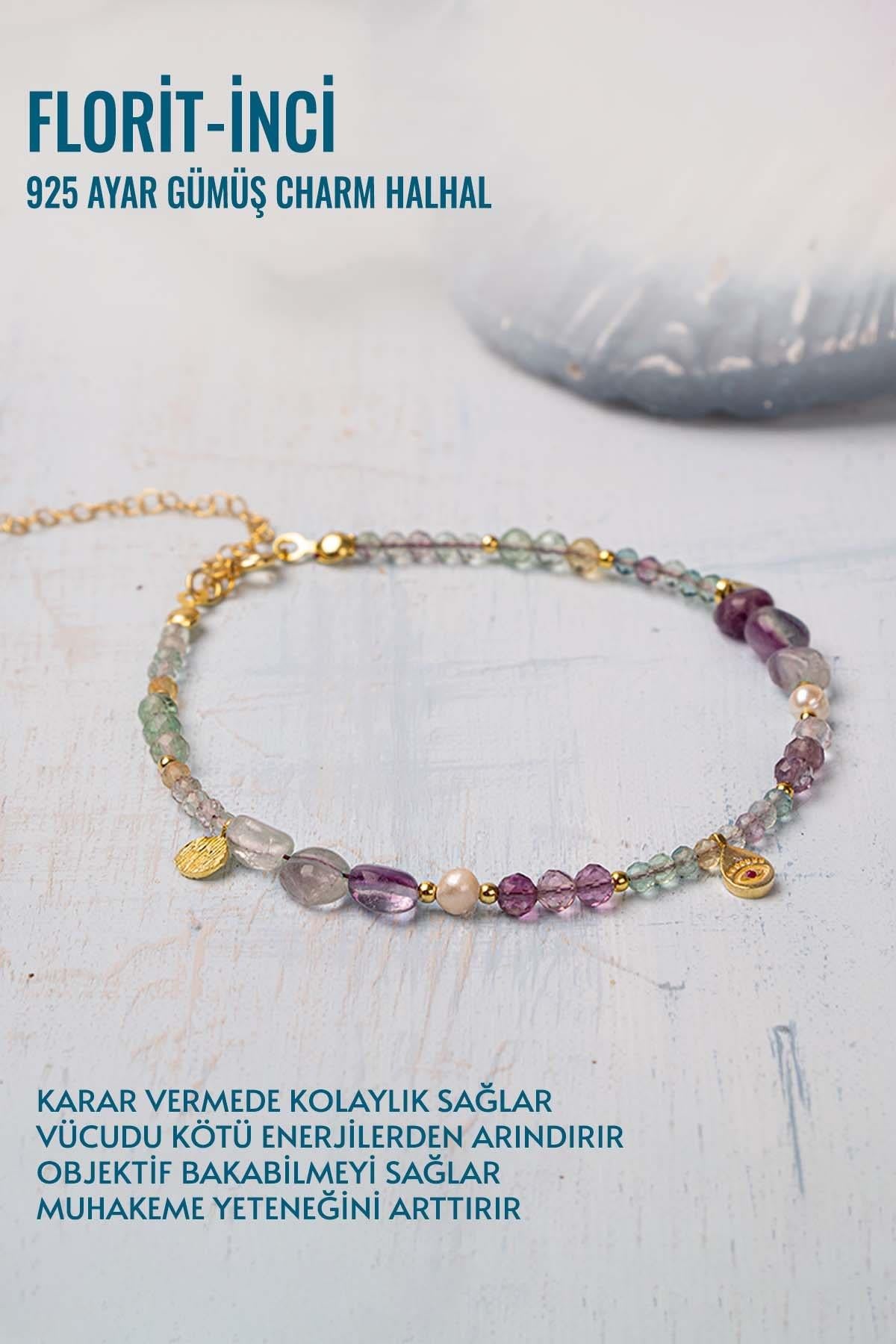 Sertifikalı Doğal Taş Florit - İnci 925 Ayar Gümüş Charm Halhal