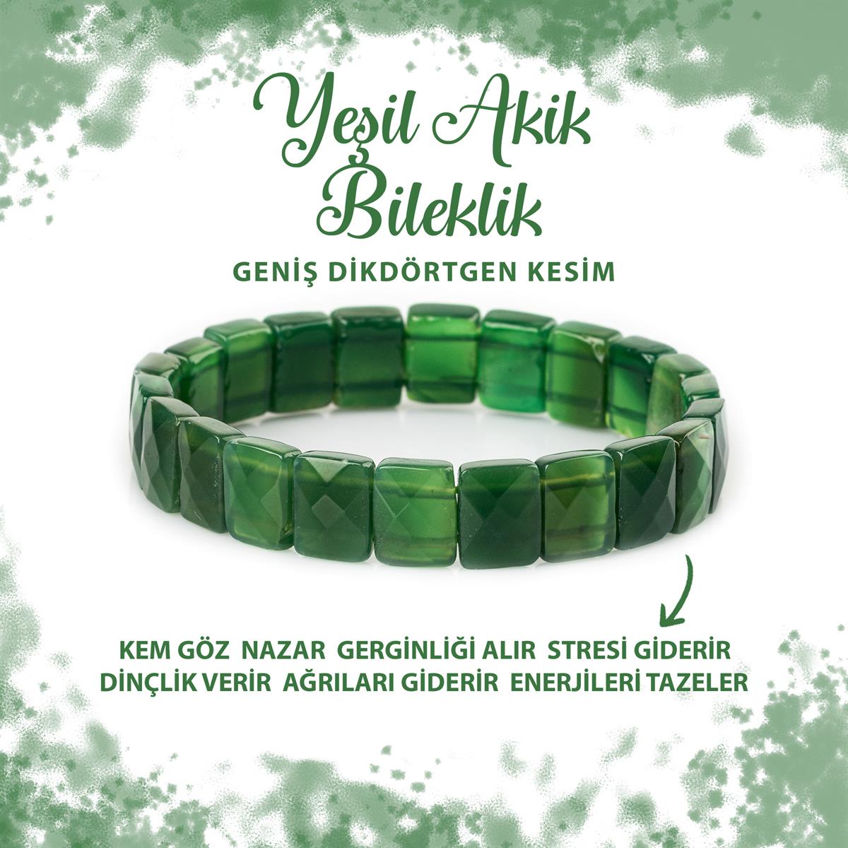 SERTİFİKALI Yeşil Akik Doğal Taş Kare Kesim Geniş Kesim Bileklik