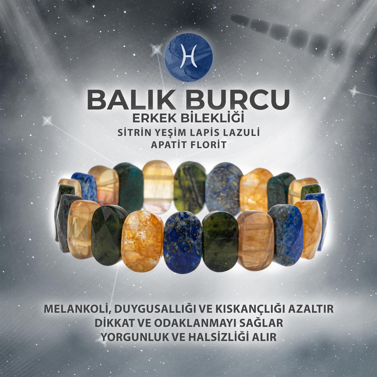 SERTİFİKALI Balık Burcu Doğal Taş Geniş Kesim Erkek Bileklik
