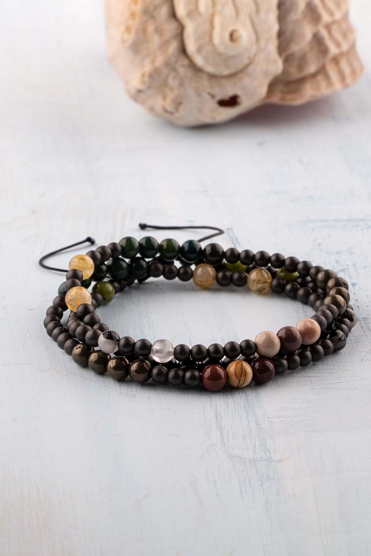 Sertifikalı Koç Burcu Doğal Taş Kolye (Yeşim-Rutilli Kuvars-Jasper-Pirit-Kan Taşı-Sitrin-Akik)