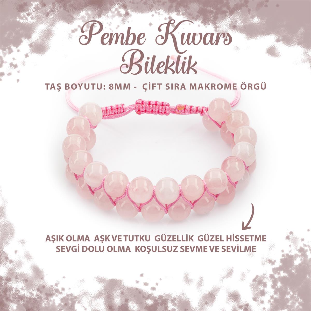 SERTİFİKALI Pembe Kuvars (Gül Kuvars) 8mm Çift Sıra Makrome Doğal Taş Bileklik