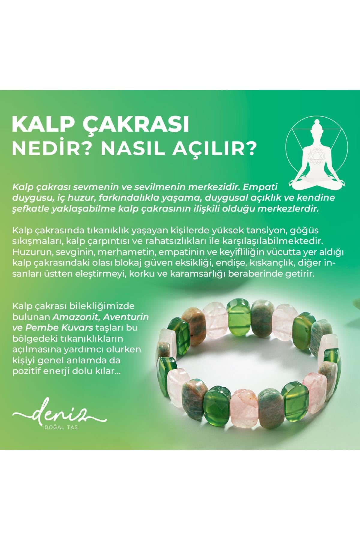 SERTİFİKALI Kalp Çakrası Doğal Taş Geniş Kesim Bileklik