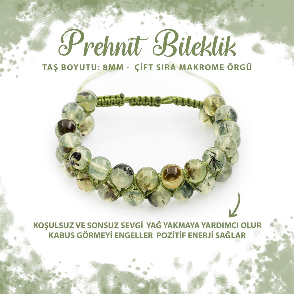 SERTİFİKALI Prehnit 8mm Çift Sıra Makrome Doğal Taş Bileklik