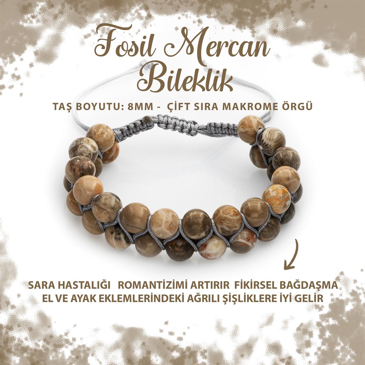 SERTİFİKALI Fosil Mercan 8mm Çift Sıra Makrome Doğal Taş Bileklik