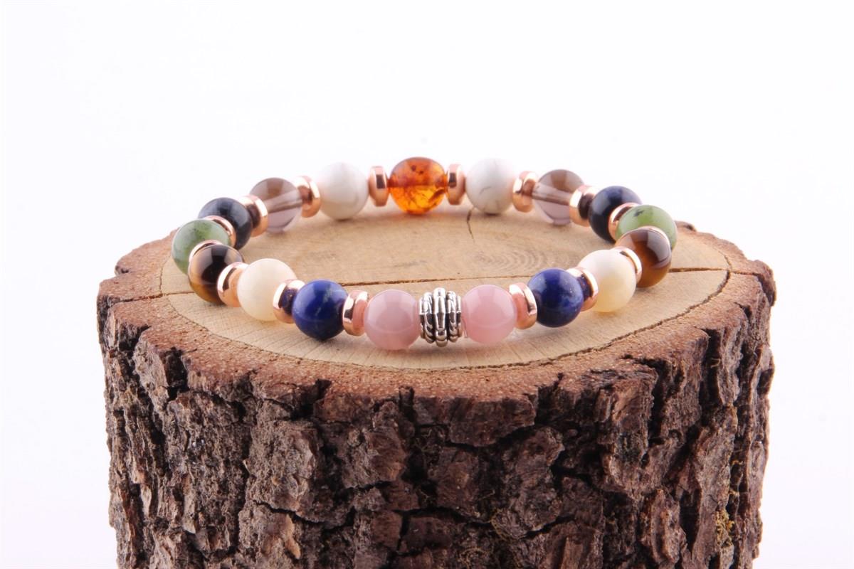 SERTİFİKALI Öğrenci Bilekliği-Kehribar-Yeşim-Lapis-Kalsit-Dumanlı Kuvars-Havlit-Hematit-8 mm B178