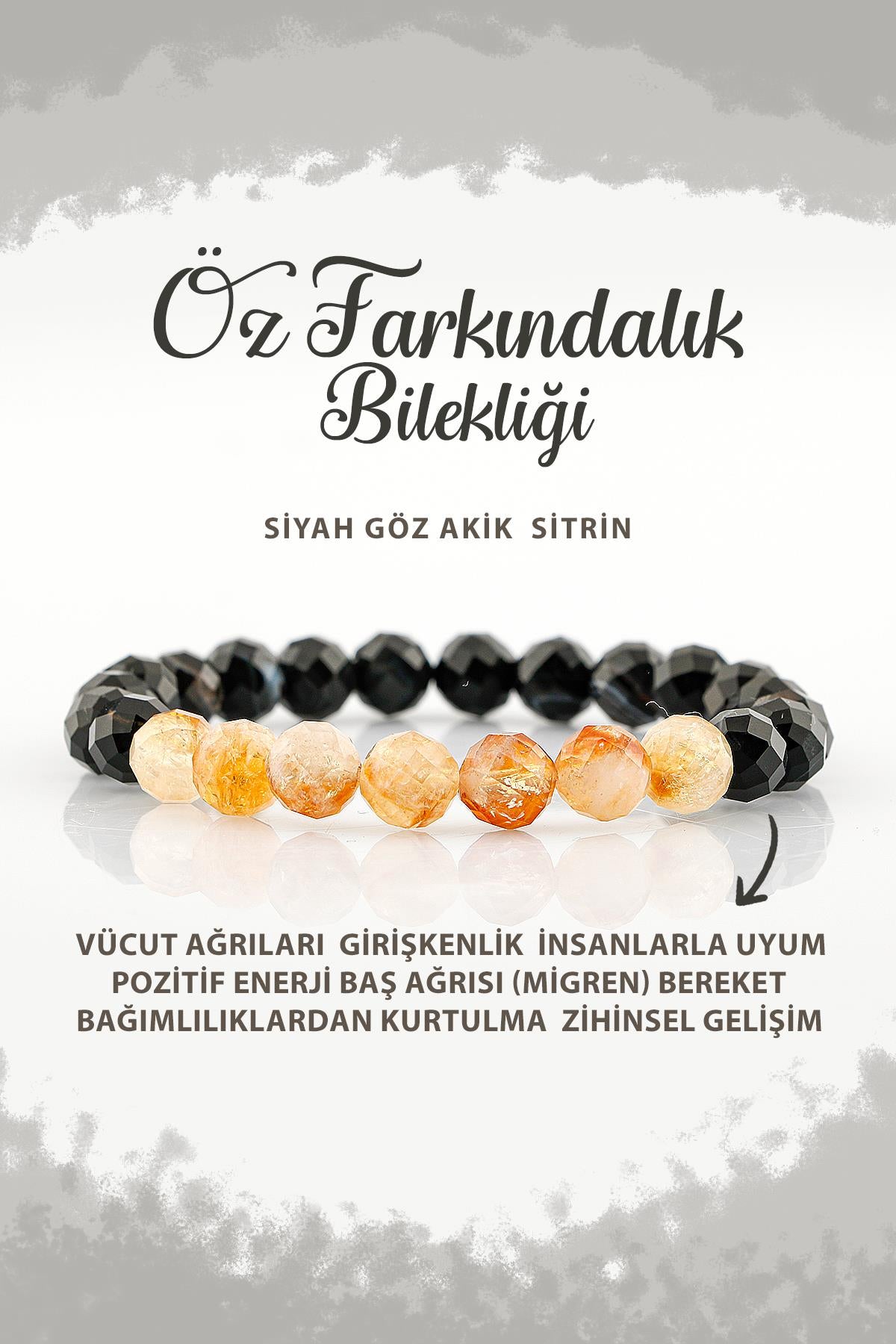 SERTİFİKALI Öz Farkındalık 8mm Doğal Taş Bileklik Göz Akik Sitrin B002