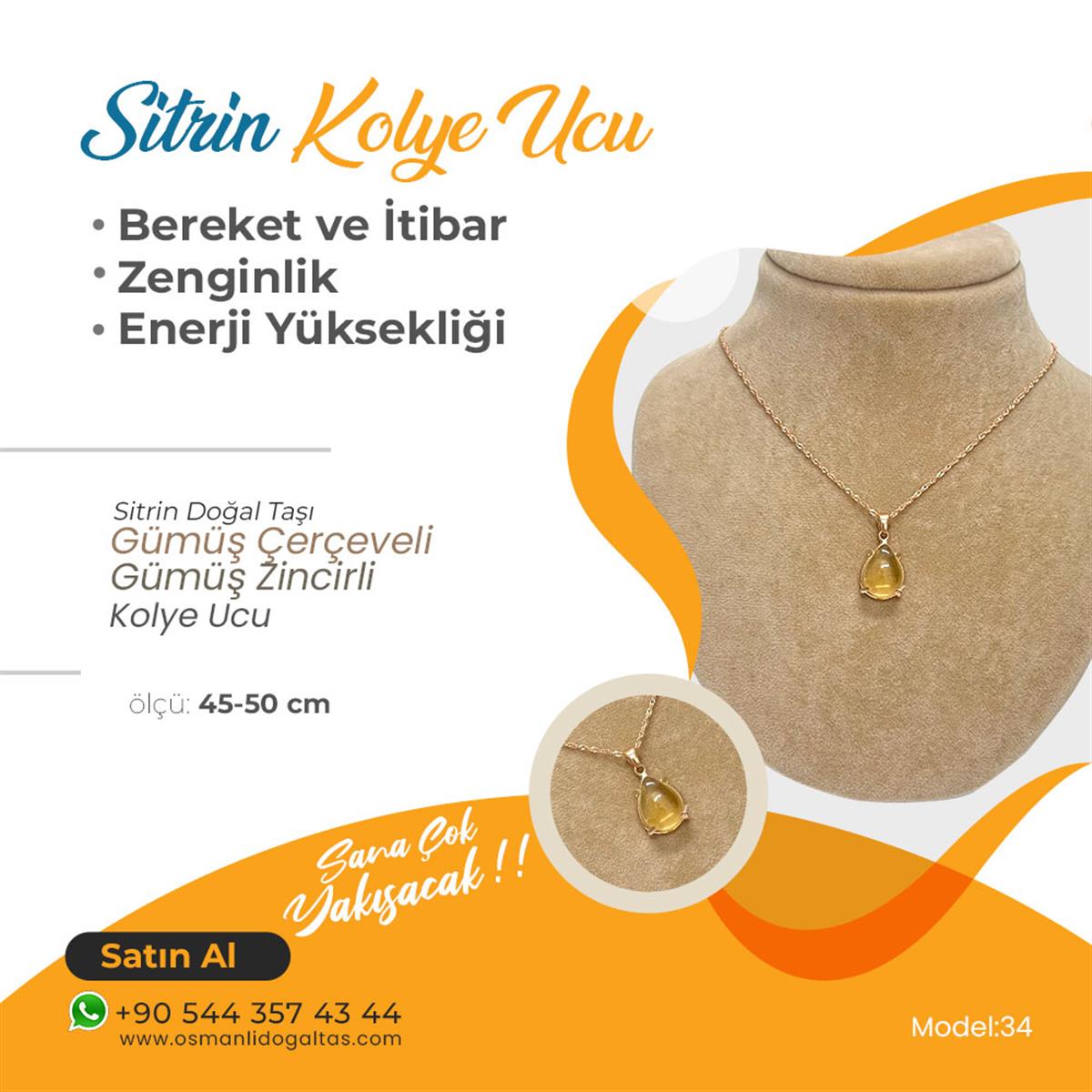 SERTİFİKALI Sitrin  Orjinal ( Taşlar) Doğaltaş Kolye Ucu, Gümüş zincirle birlikte KU039