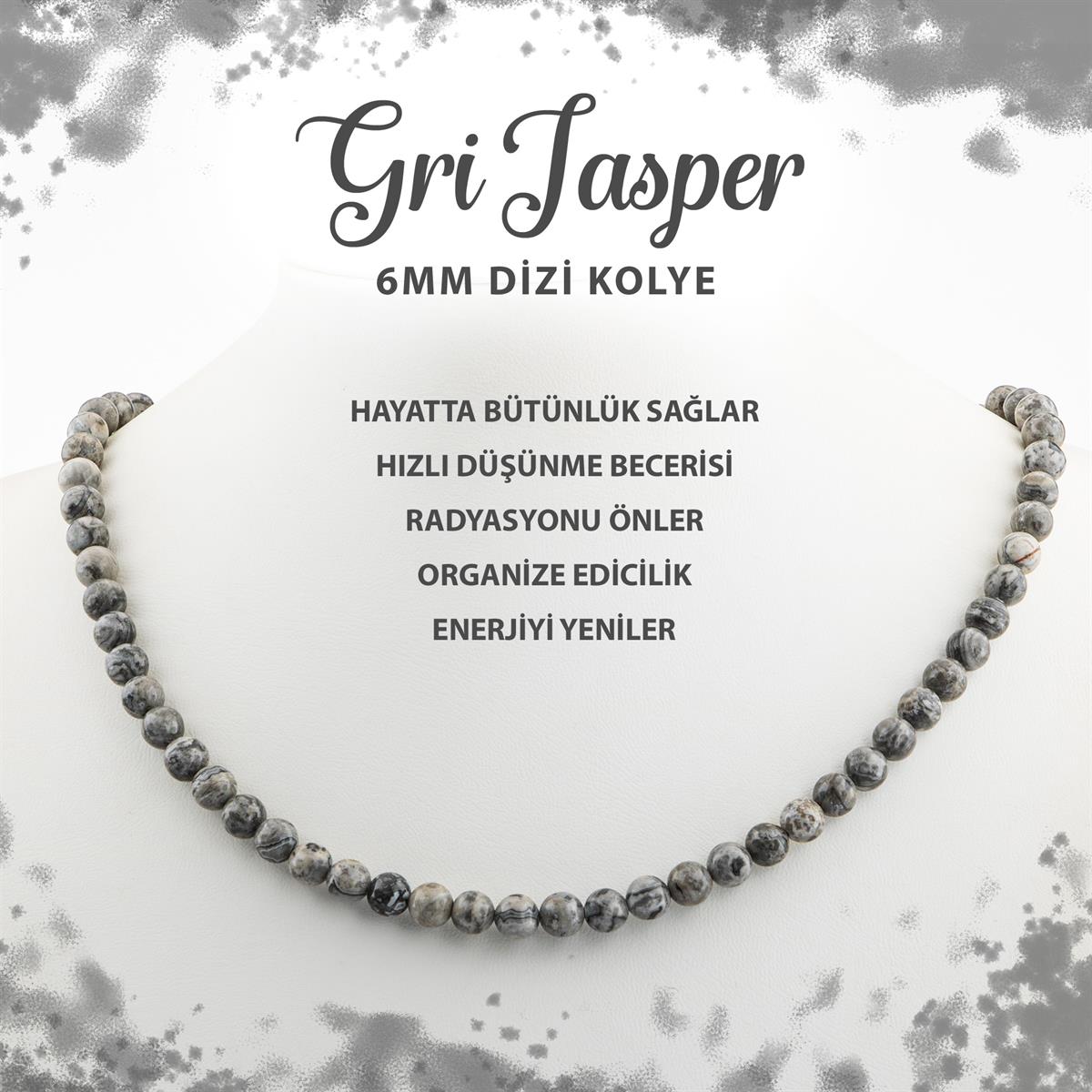 SERTİFİKALI Gri Jasper 6 mm Dizi Doğal Taş Kolye