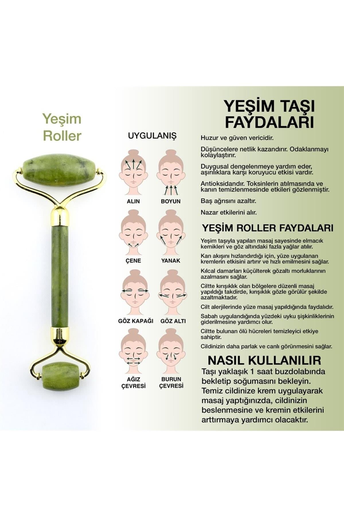 SERTİFİKALI Yeşim Doğal Taşı Roller Yüz Ve Vücut Masaj Aleti 15 X 6 Cm Ma015
