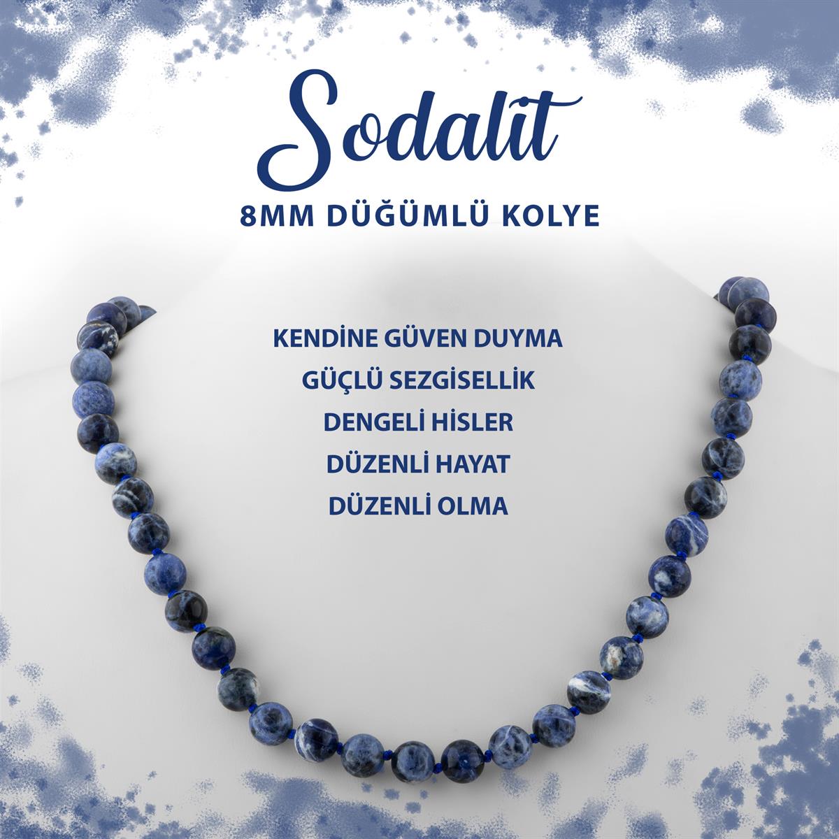SERTİFİKALI Sodalit 8 mm Düğümlü Doğal Taş Kolye