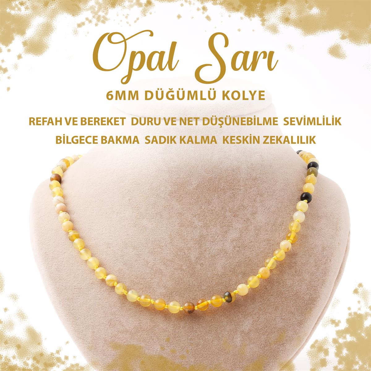 SERTİFİKALI Opal Sarı 6 mm Düğümlü Doğal Taş Kolye