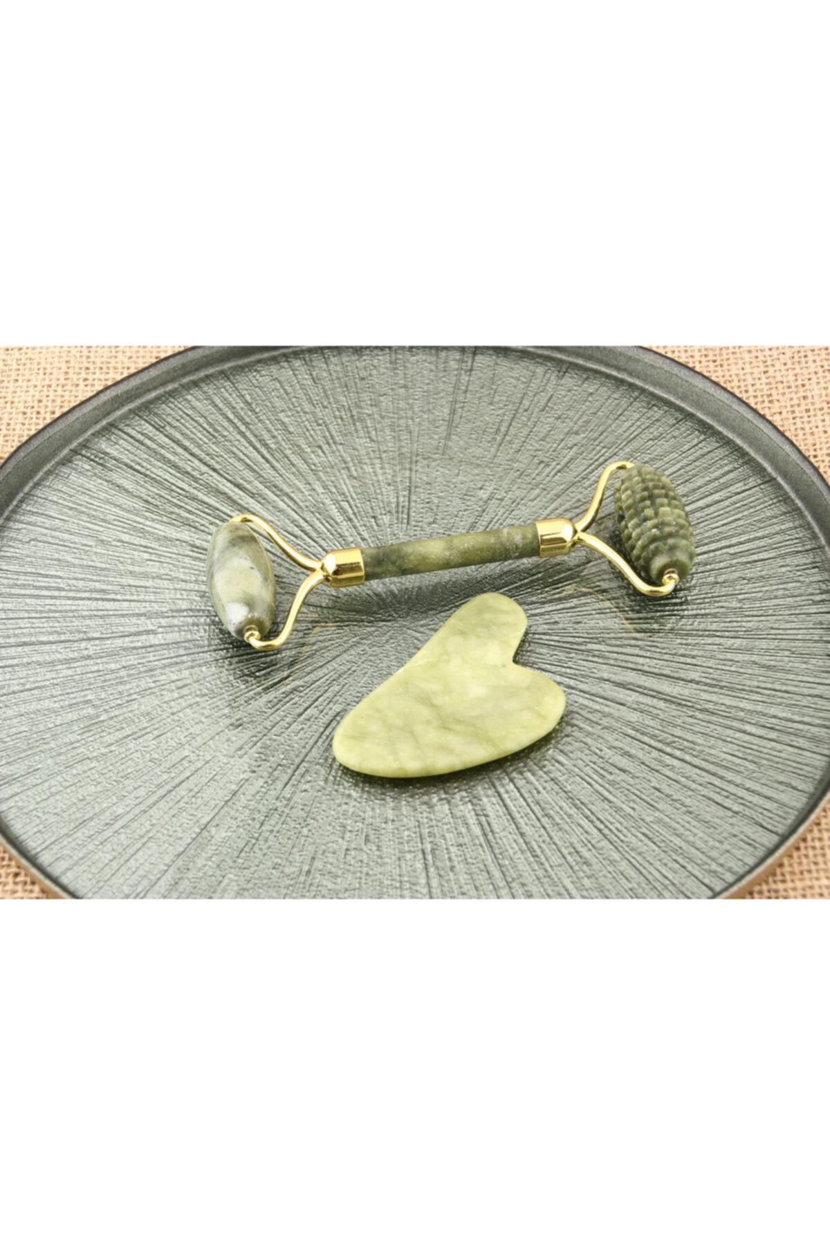 SERTİFİKALI Sertifikalı Tırtıklı Yeşim Masaj Taşı Roller Ve Yeşim Gua Sha Takım