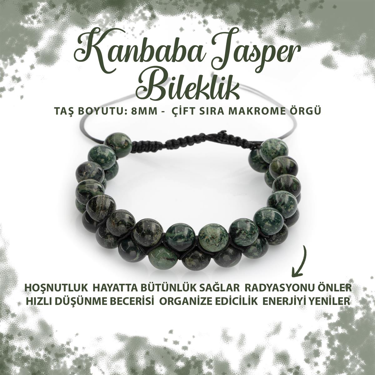 SERTİFİKALI Yeşil Kanbaba Jasper 8mm Çift Sıra Makrome Doğal Taş Bileklik