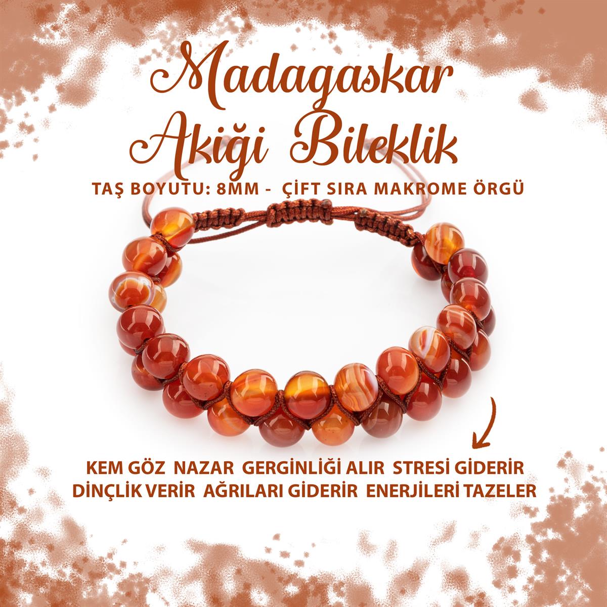 SERTİFİKALI Madagaskar Akiği 8mm Çift Sıra Makrome Doğal Taş Bileklik