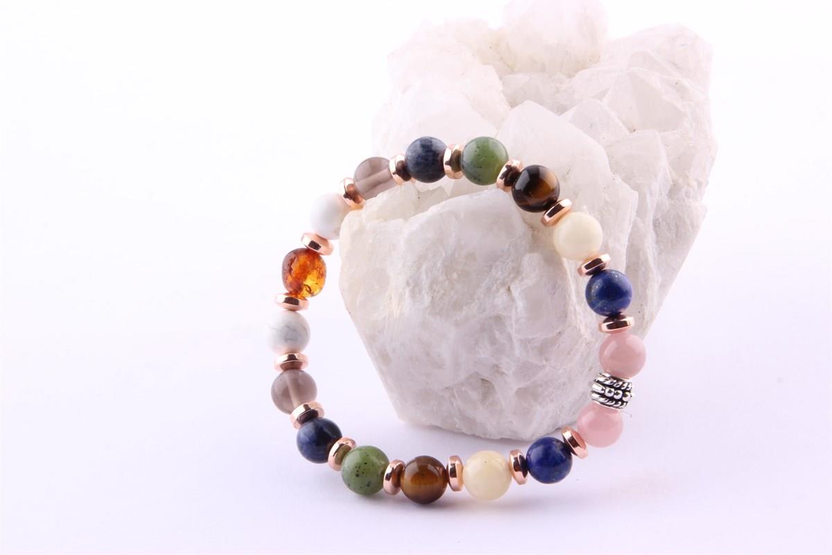 SERTİFİKALI Öğrenci Bilekliği-Kehribar-Yeşim-Lapis-Kalsit-Dumanlı Kuvars-Havlit-Hematit-8 mm B178