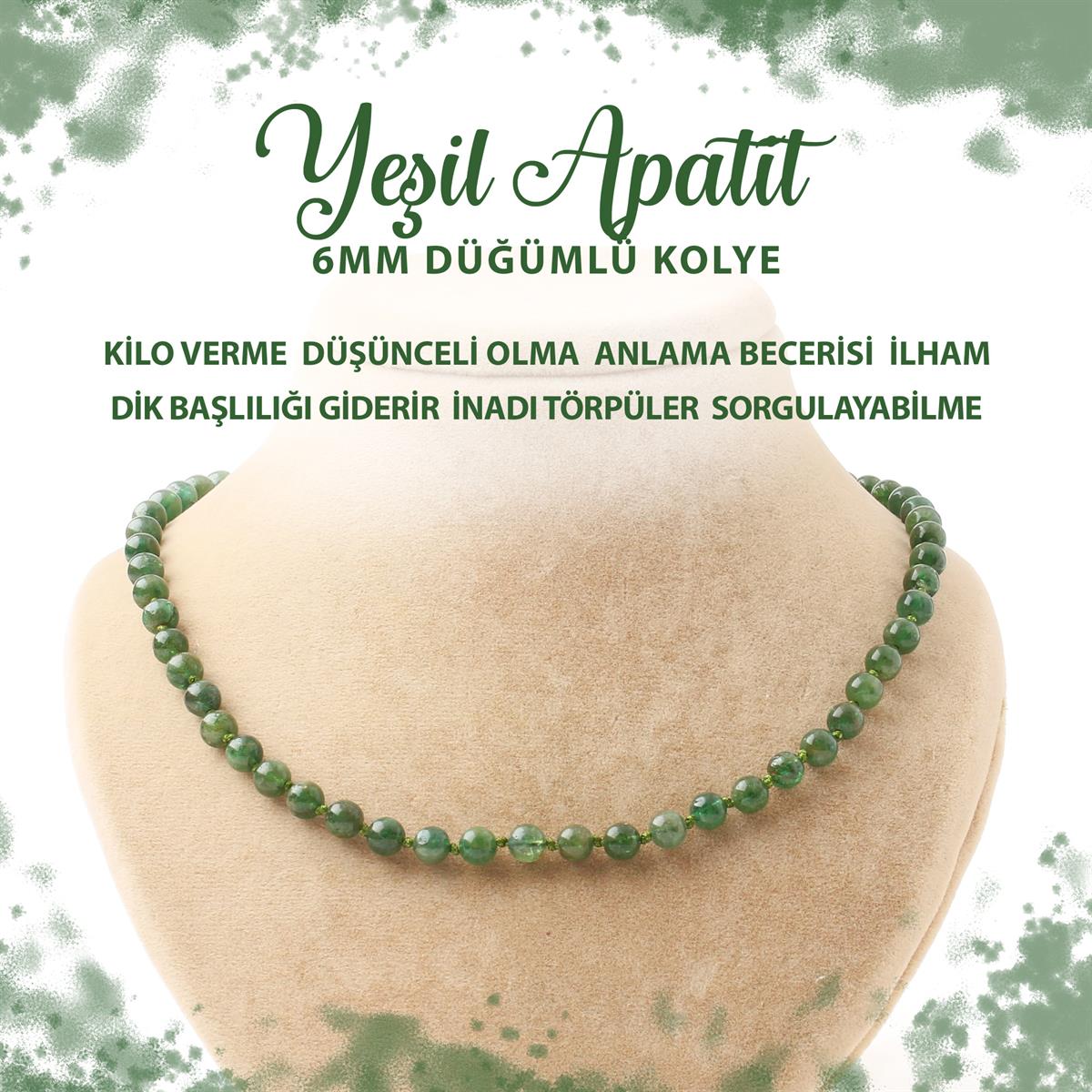 SERTİFİKALI Yeşil Apatit 6 mm Düğümlü Doğal Taş Kolye