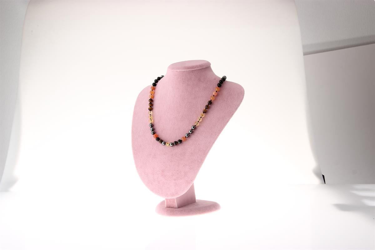 SERTİFİKALI Karnelyan Turuncu Akik, Sitrin, Kaplan Gözü, Obsidyen, Hematit Kolye 6 mm, M452