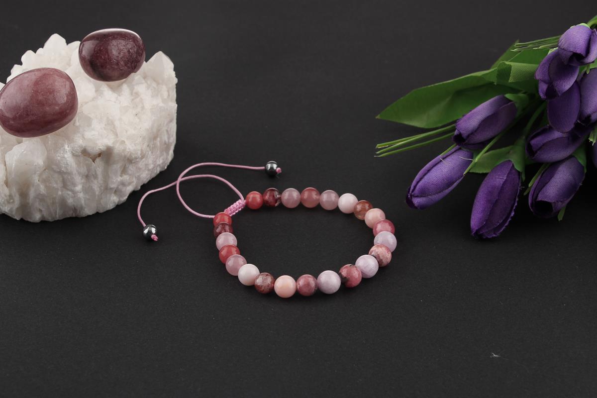 Pembe Kuvars, Pembe Opal, Altın Rutilli Kuvars, Hakiki Yemen Akiği, Rodokrozit, Kunzit Bileklik B905