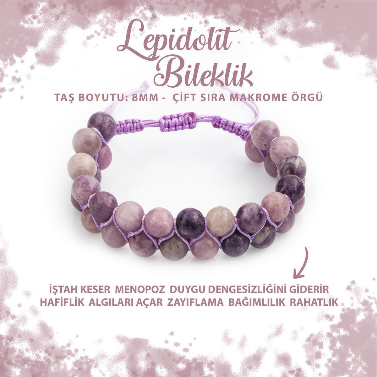 SERTİFİKALI Lepidolit 8mm Çift Sıra Makrome Doğal Taş Bileklik