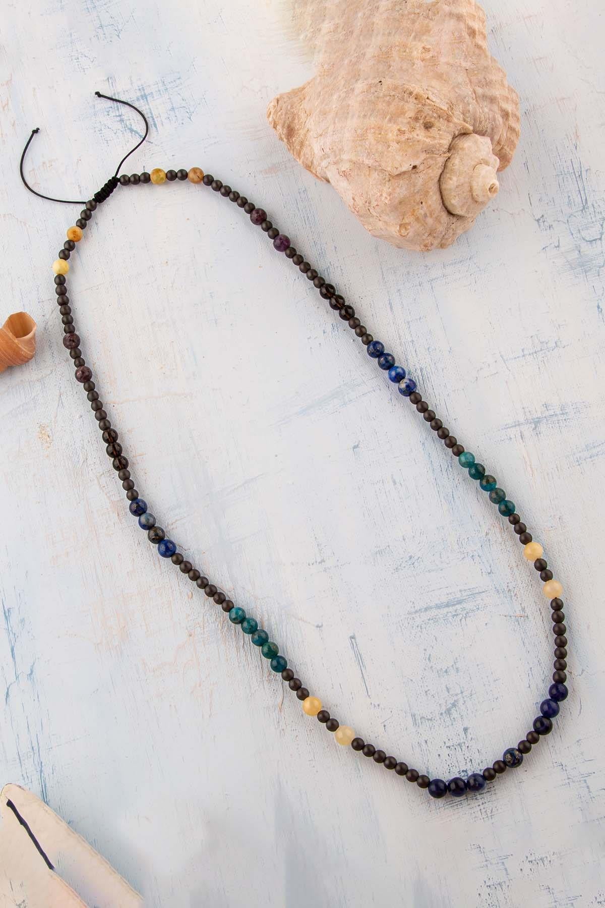 Sertifikalı Yay Burcu Doğal Taş Kolye (Sarı Opal-Ametist-Lazuli-Apatit-Kalsit-Dumorerit-Hematit)