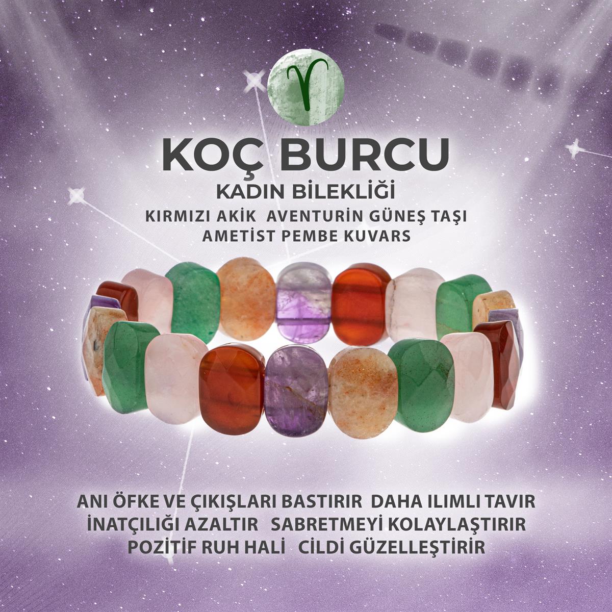 SERTİFİKALI Koç Burcu Doğal Taş Geniş Kesim Kadın Bileklik