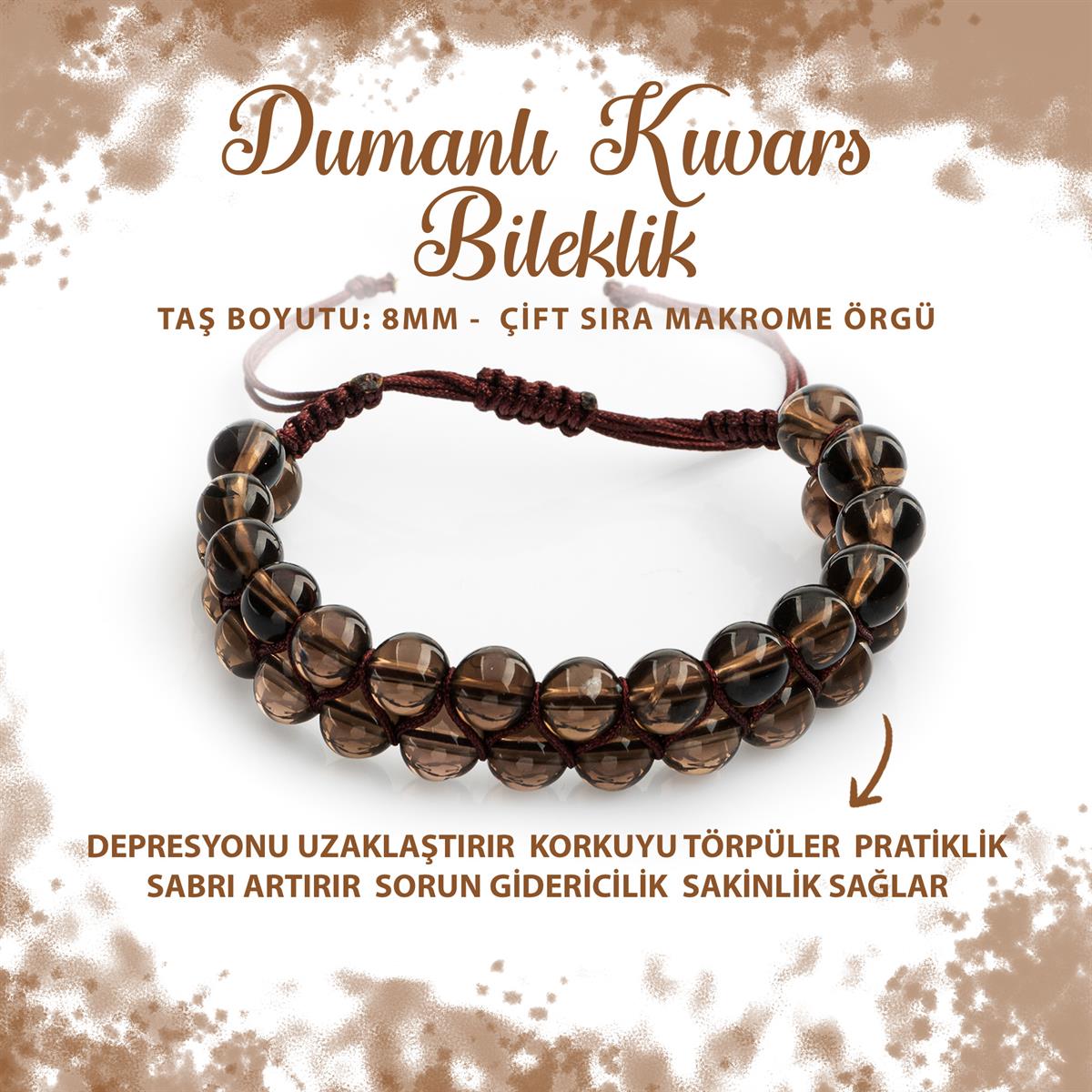 SERTİFİKALI Dumanlı Kuvars 8mm Çift Sıra Makrome Doğal Taş Bileklik