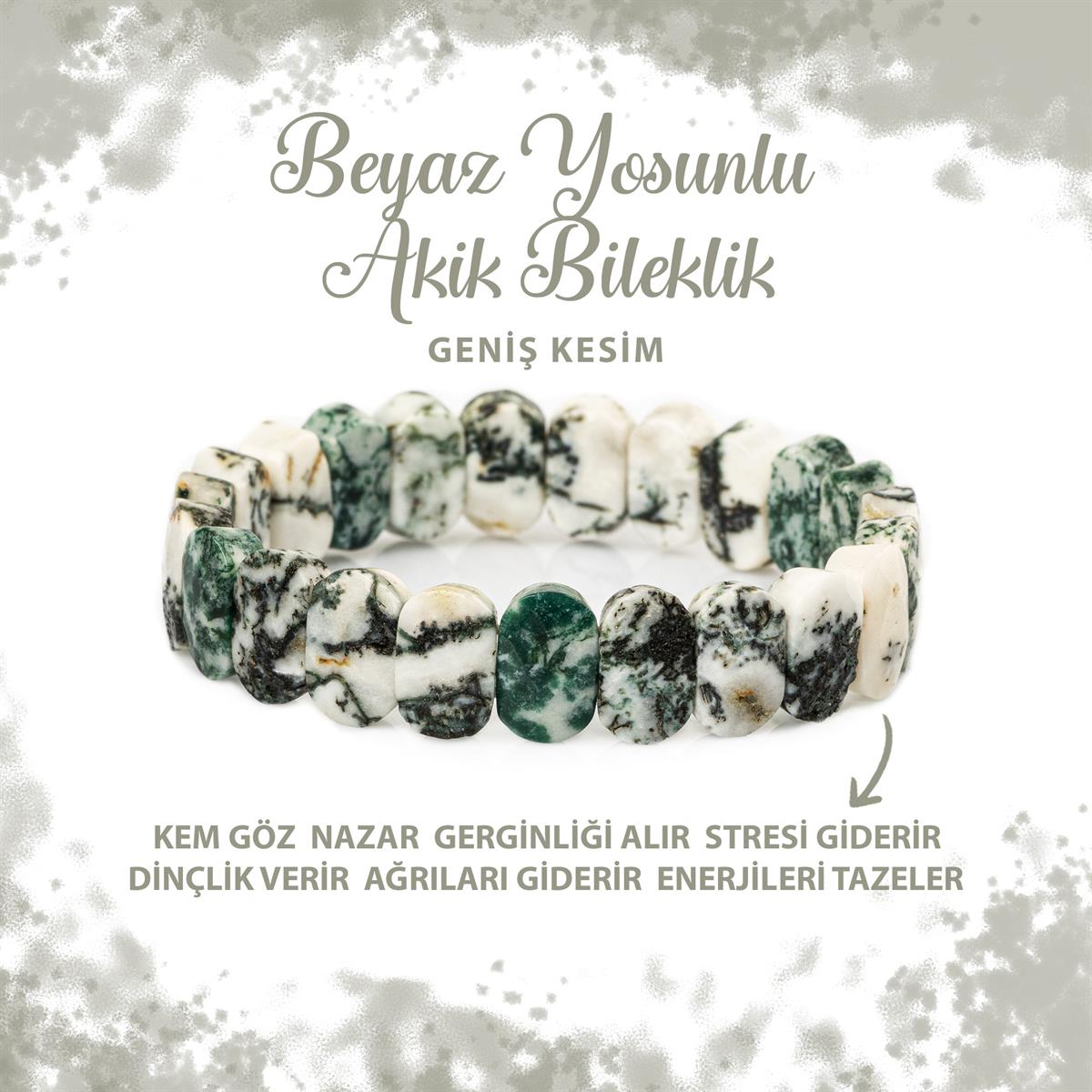 SERTİFİKALI Yosunlu Akik Doğal Taş Geniş Kesim Bileklik