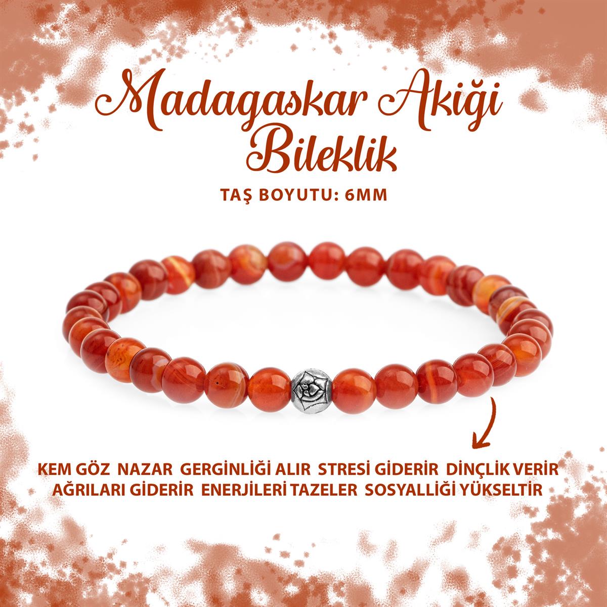 SERTİFİKALI Madagaskar Akiği 6mm Doğal Taş Bileklik