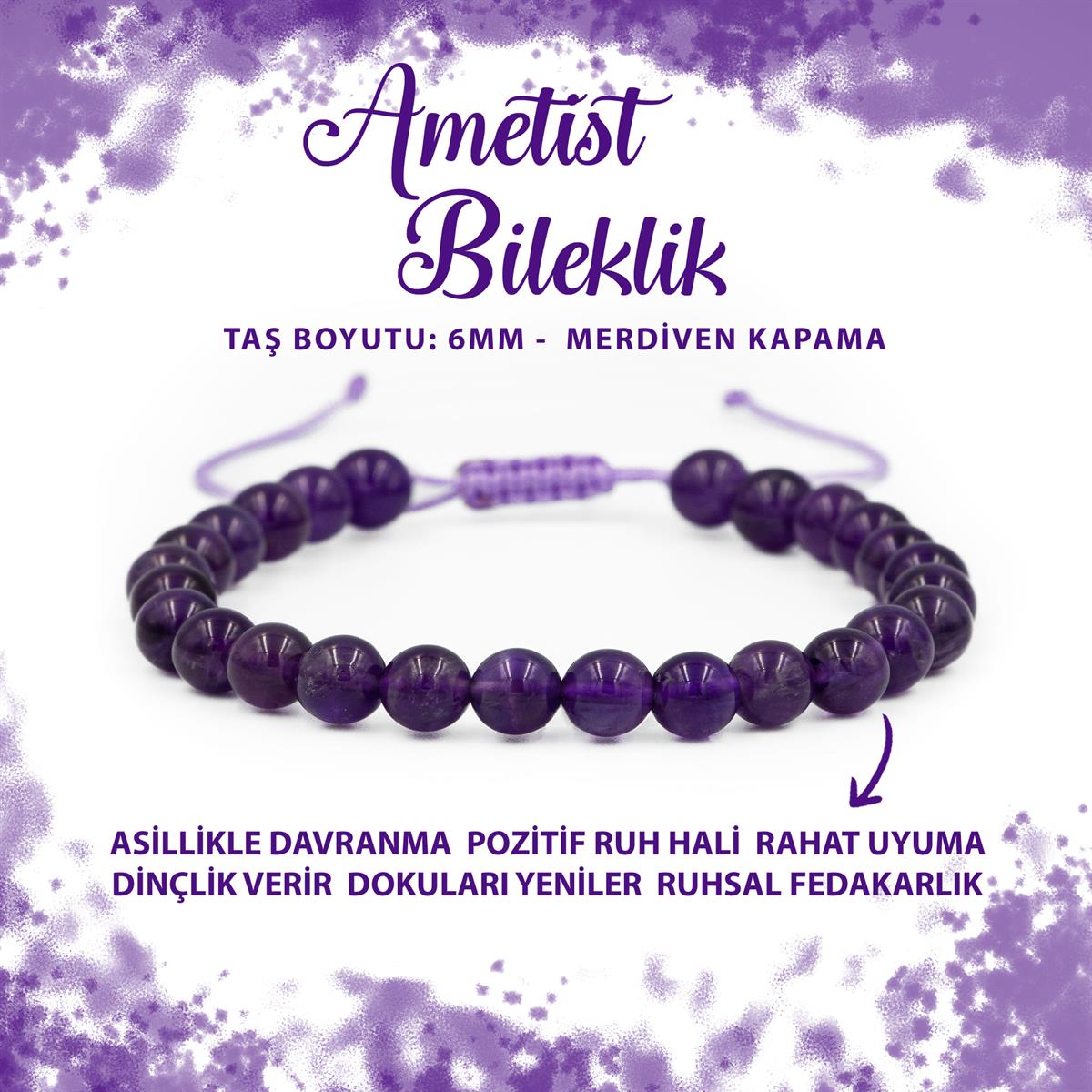 SERTİFİKALI Ametist 6mm Merdiven Kapama Doğal Taş Bileklik