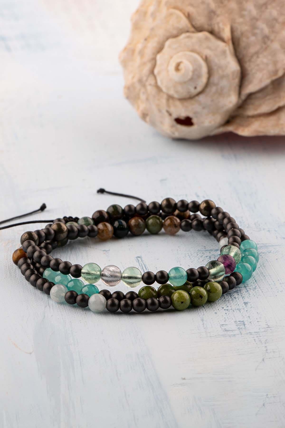 Sertifikalı Kova Burcu Doğal Taş Kolye (Kaplan Gözü-Akuamarin-Yeşim-Amazonit-Pirit-Florit-Hematit)