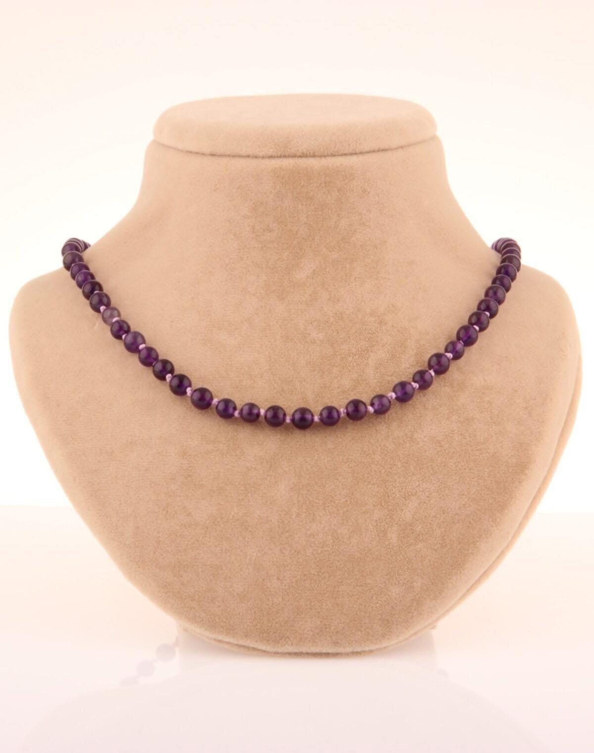 SERTİFİKALI Ametist  Orjinal ( Taşlar) Doğaltaş Düğümlü Kolye 6 mm, M457
