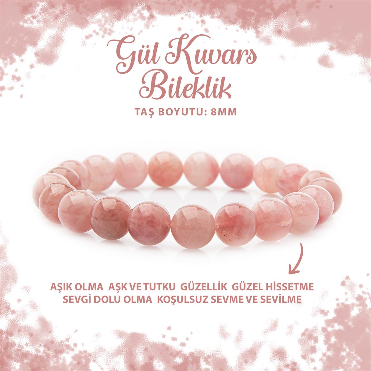 SERTİFİKALI Pembe Kuvars 8mm Doğal Taş Bileklik