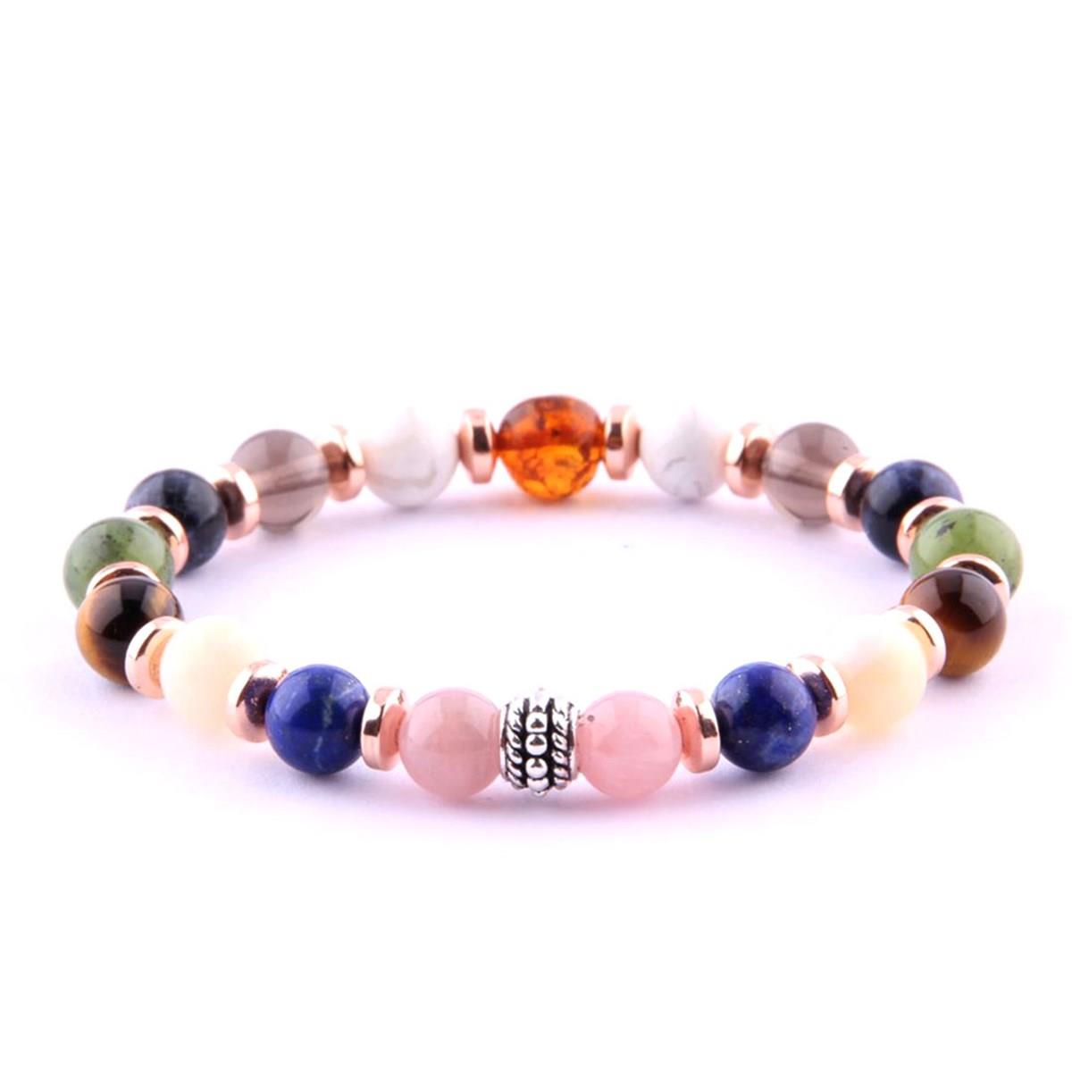 SERTİFİKALI Öğrenci Bilekliği-Kehribar-Yeşim-Lapis-Kalsit-Dumanlı Kuvars-Havlit-Hematit-8 mm B178